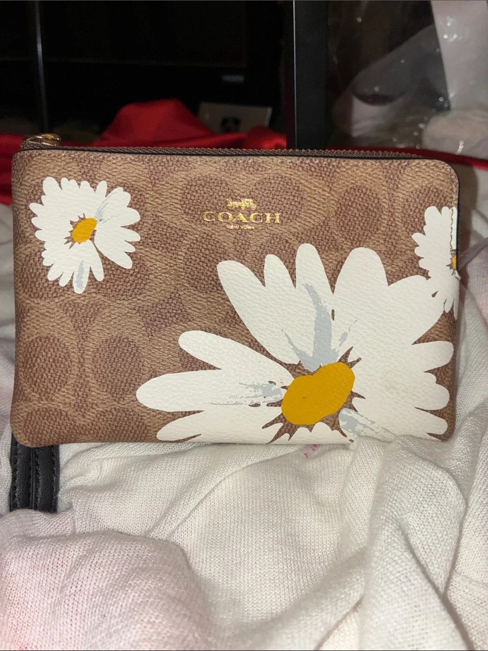 Coach Brown Signature Canvas Wallet with White & Yellow Floral Print